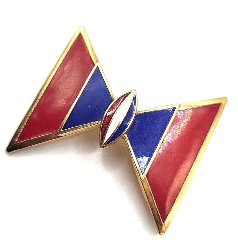 Vintage Brass Enamel Red White And Blue Bow Brooch Pin 1.5in